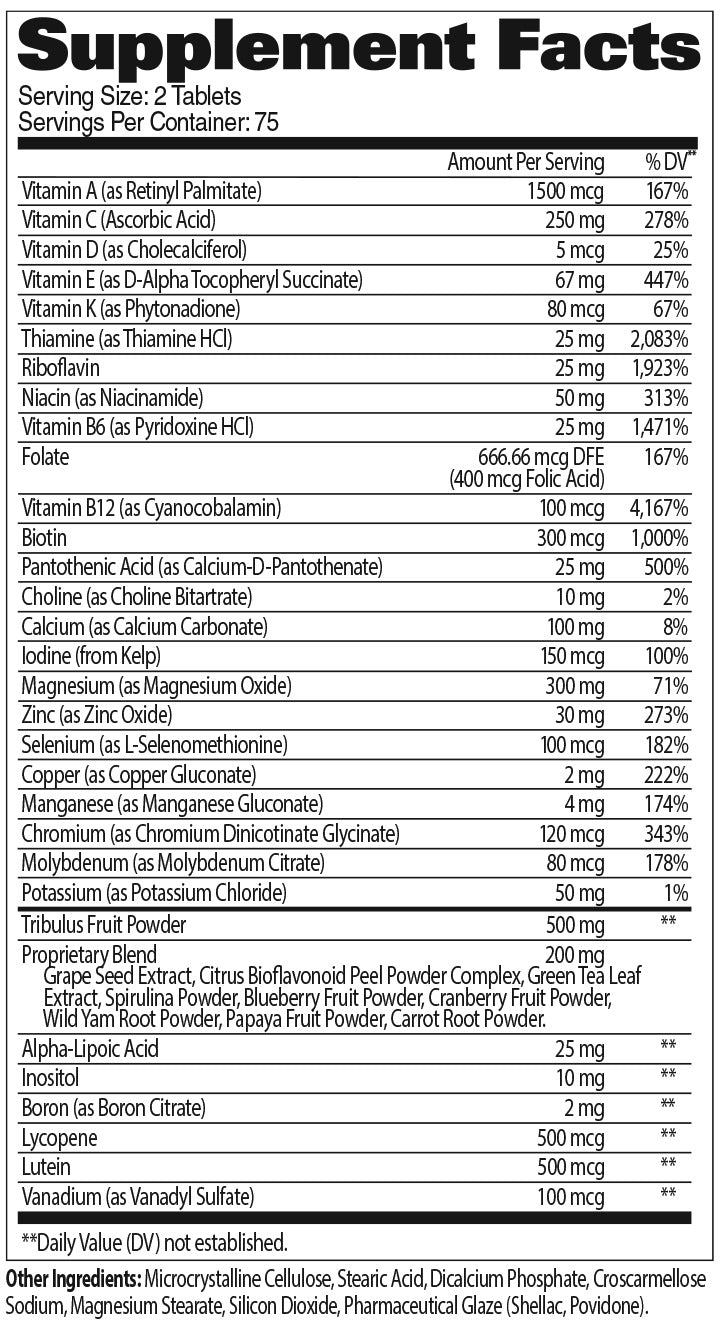Tabla de información nutrimental del producto Men's Multi+Test de GAT Sport