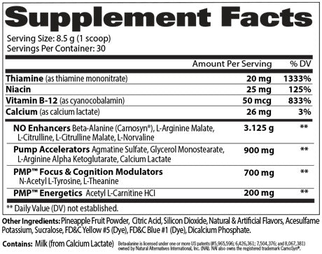 Tabla de información nutrimental de PMP Stim Free de GAT Sport