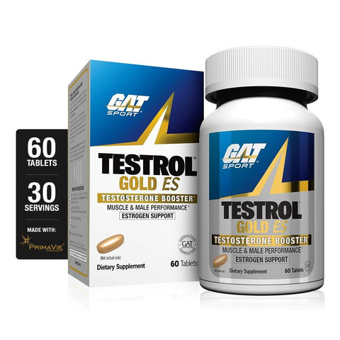 Caja y frasco de tabletas del producto Testrol Gold ES de GAT Sport